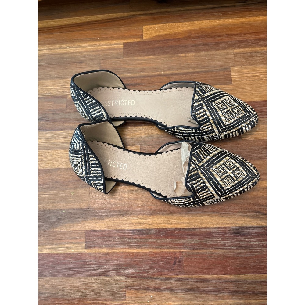Restricted dOrsay Flats Women Size 8 Black Tan good Woven Geometric Pointed